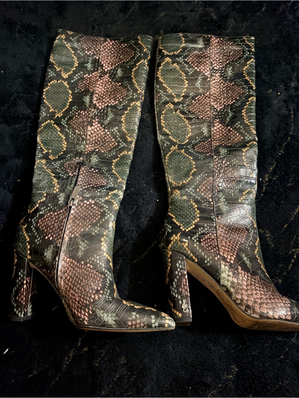 Sam Edelman Knee-High Snakeskin Block Heel Boots - Black & Brown & Gold
